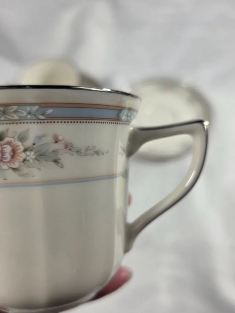 TWO Noritake Rothschild Cup & Saucer Sets Ivory Blue Band with Pink Flowers
